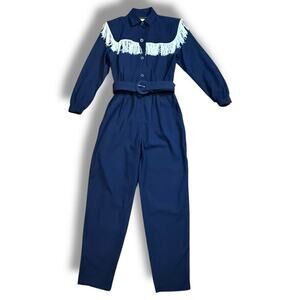 VTG Michael Phillips Western Jumpsuit Womens Navy White Fringe One Piece Sz 5